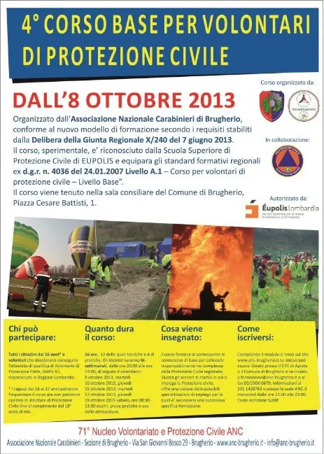 Manifesto 4° corso base volontari protezione civile brugherio