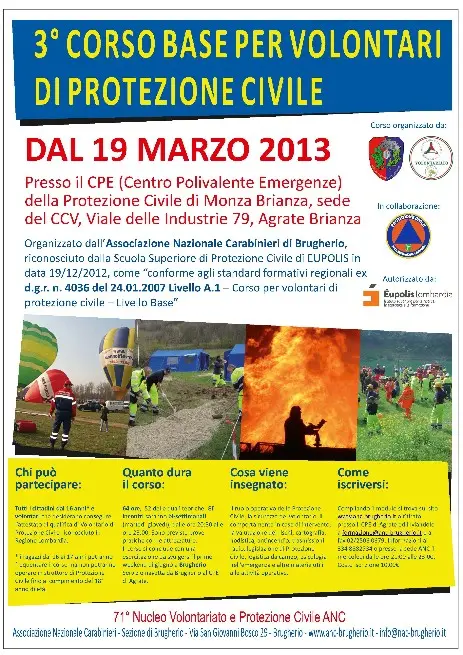 Manifesto 3° corso base volontari protezione civile brugherio